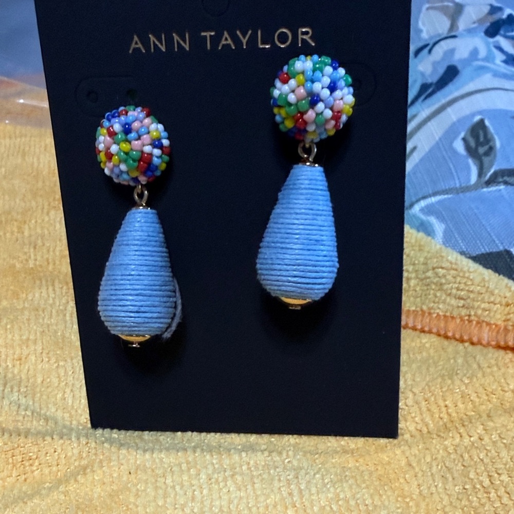Ann Taylor Light Blue Wrapped Teardrop & Multicolor Bead Drop Earrings